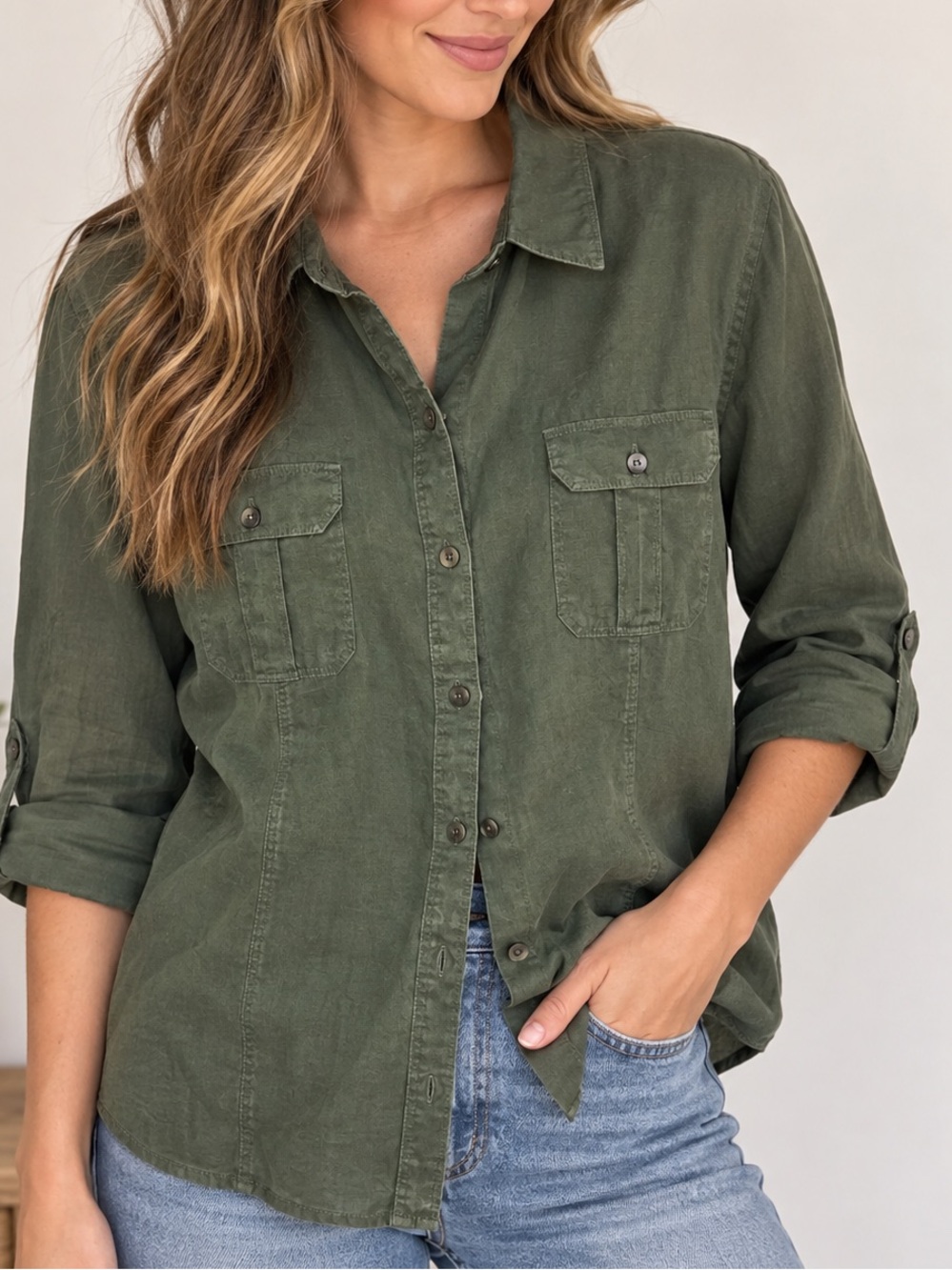 Saks Fifth Avenue 100% Linen Olive Green Button Down Top Size XL